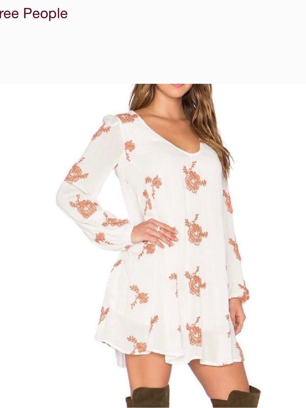 Free People Cream Dress with Rust Floral Embroidery